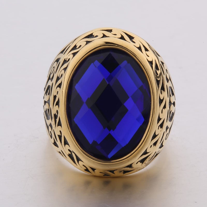 MASOP Jewellery Vintage Mens Stainless Steel CZ Ring Gold Biker Sapphire Color Blue Stone Size 9 - Image 3